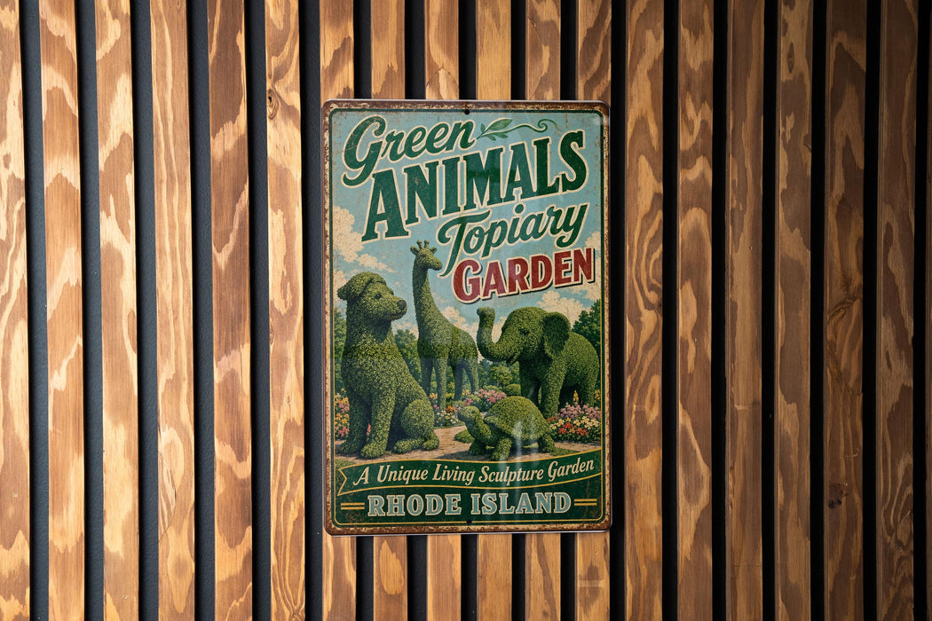 A vintage-style metal sign with the text "Green Animals Topiary Garden" and "A Unique Living Sculpture Garden Rhode Island" is displayed on a wooden fence.