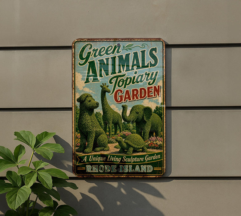 A vintage-style metal sign for the Green Animals Topiary Garden in Rhode Island, featuring a collage of topiary sculptures of various animals.