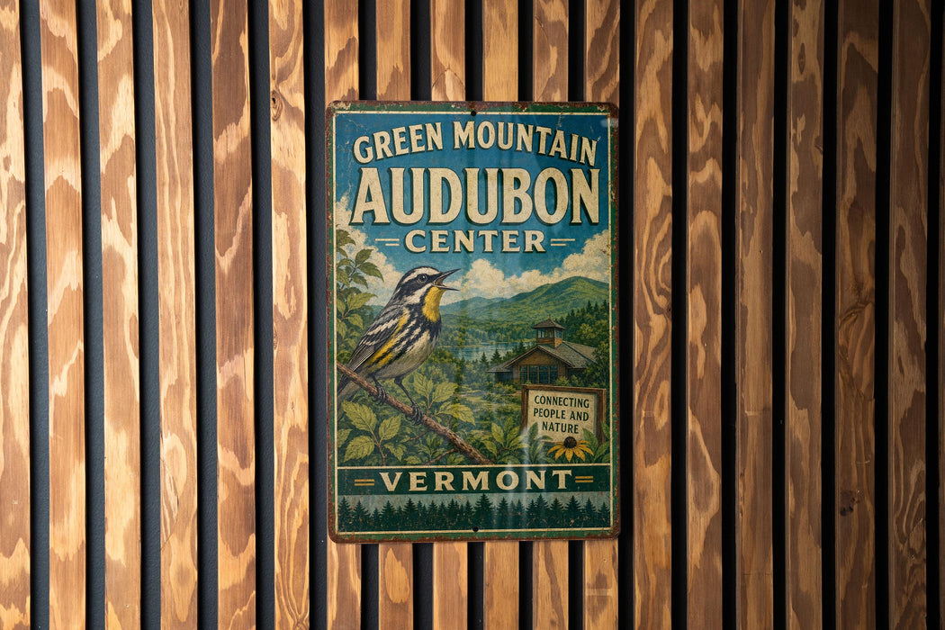 A vintage-style sign for the Green Mountain Audubon Center in Vermont, featuring a bird and a scenic landscape.