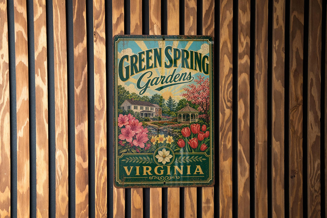 A vintage-style metal sign for "Green Spring Gardens" in Virginia, featuring a garden scene with flowers and a gazebo.