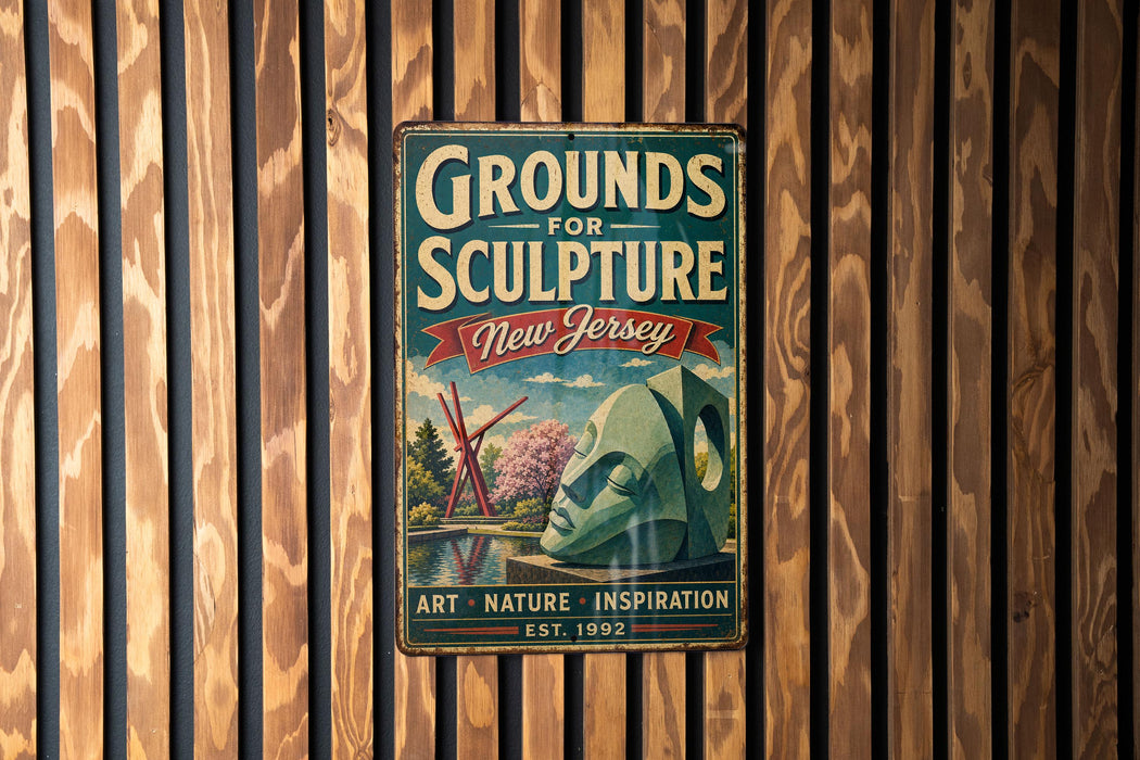 A vintage metal sign with the text "Grounds for Sculpture New Jersey" and an illustration of a sculpture, mounted on a wooden wall.