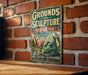 A vintage-style sign for "Grounds for Sculpture New Jersey" is displayed on a brick wall, featuring an illustration of a large sculpture and the text "Art, Nature, Inspiration EST. 1992".