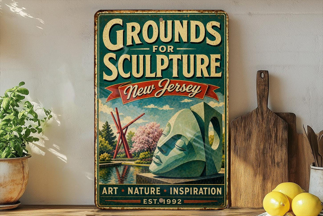A vintage-style sign for "Grounds for Sculpture New Jersey" is displayed on a wooden shelf, with a potted plant and a wooden cutting board nearby.