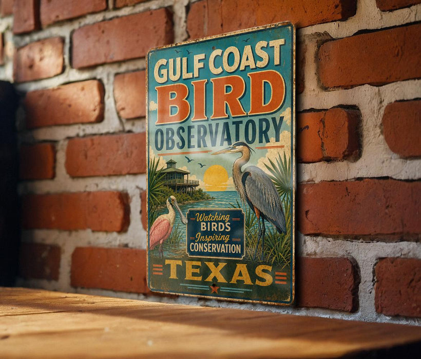 A vintage-style metal sign for the Gulf Coast Bird Observatory in Texas, featuring illustrations of birds and a tropical landscape.