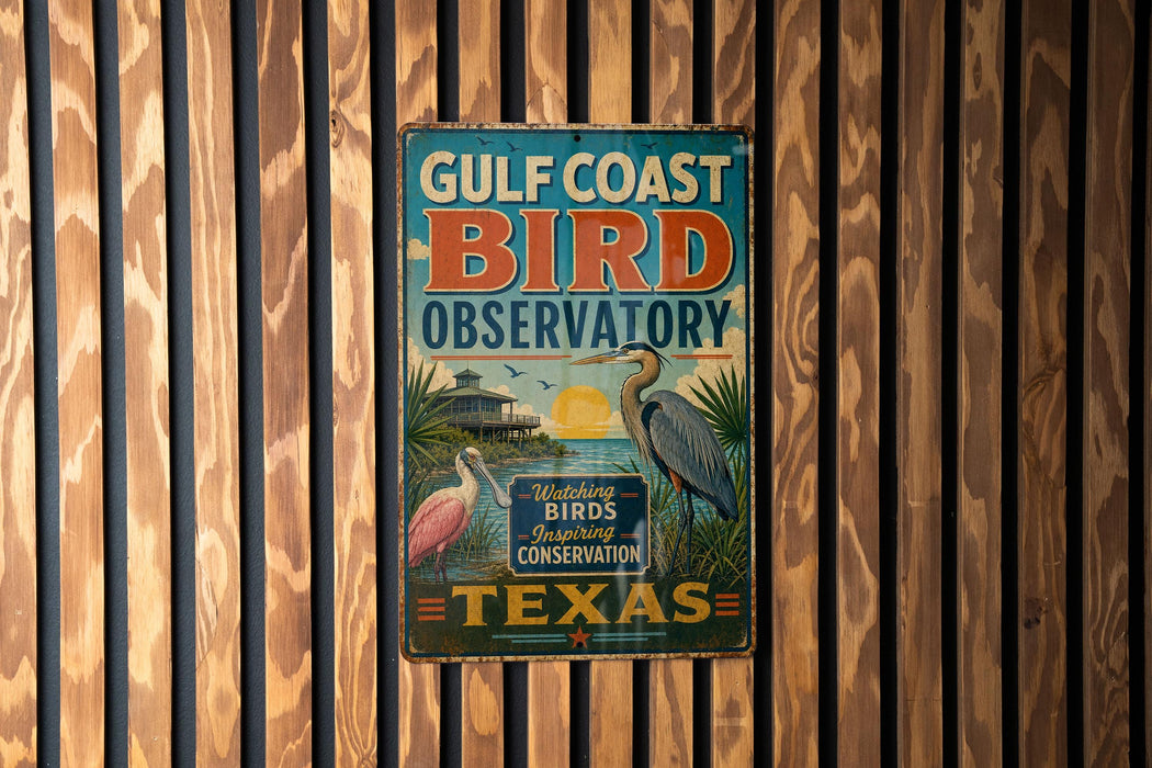 A vintage-style metal sign for the Gulf Coast Bird Observatory in Texas, featuring illustrations of birds and a tropical landscape.
