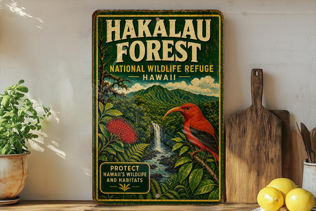 A vintage-style sign for the Hakalau Forest National Wildlife Refuge in Hawaii, featuring a colorful illustration of a bird and lush greenery.