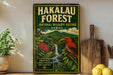 A vintage-style sign for the Hakalau Forest National Wildlife Refuge in Hawaii, featuring a colorful illustration of a bird and lush greenery.