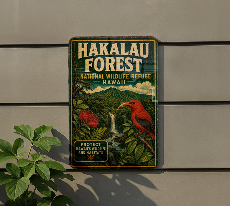 A vintage metal sign for the Hakalau Forest National Wildlife Refuge in Hawaii, featuring a red bird and lush greenery.