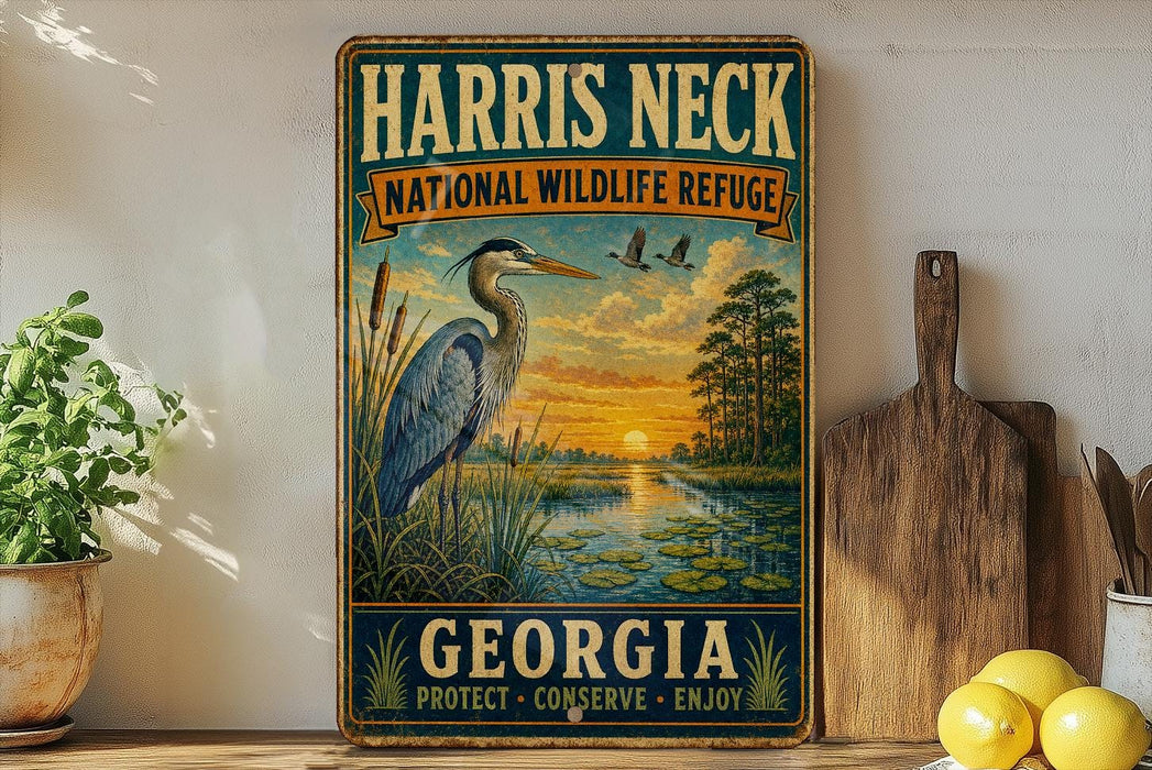 A vintage-style metal sign for the Harris Neck National Wildlife Refuge in Georgia, featuring an illustration of a heron and a sunset over a body of water.