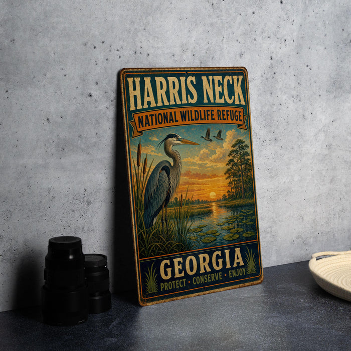 A vintage-style metal sign for the Harris Neck National Wildlife Refuge in Georgia, featuring an illustration of a heron and a sunset landscape.