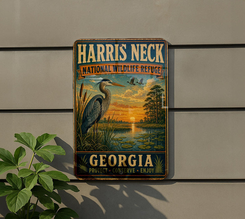 A vintage metal sign for the National Wildlife Refuge in Georgia, featuring a large blue heron and a sunset landscape.