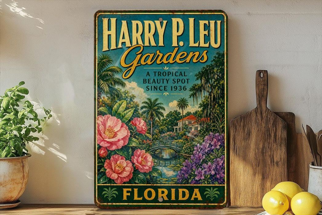 A vintage-style metal sign for "Harry P. Leu Gardens" in Florida, featuring a tropical garden scene with palm trees, flowers, and a bridge.