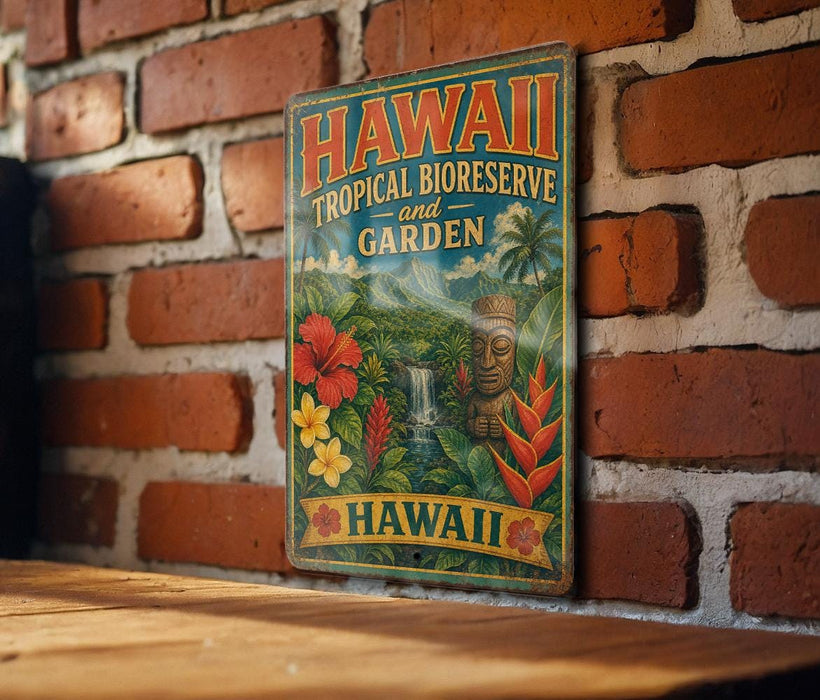 A vintage-style metal sign with the text "HAWAII TROPICAL BIOSERVE AND GARDEN" is displayed on a brick wall.