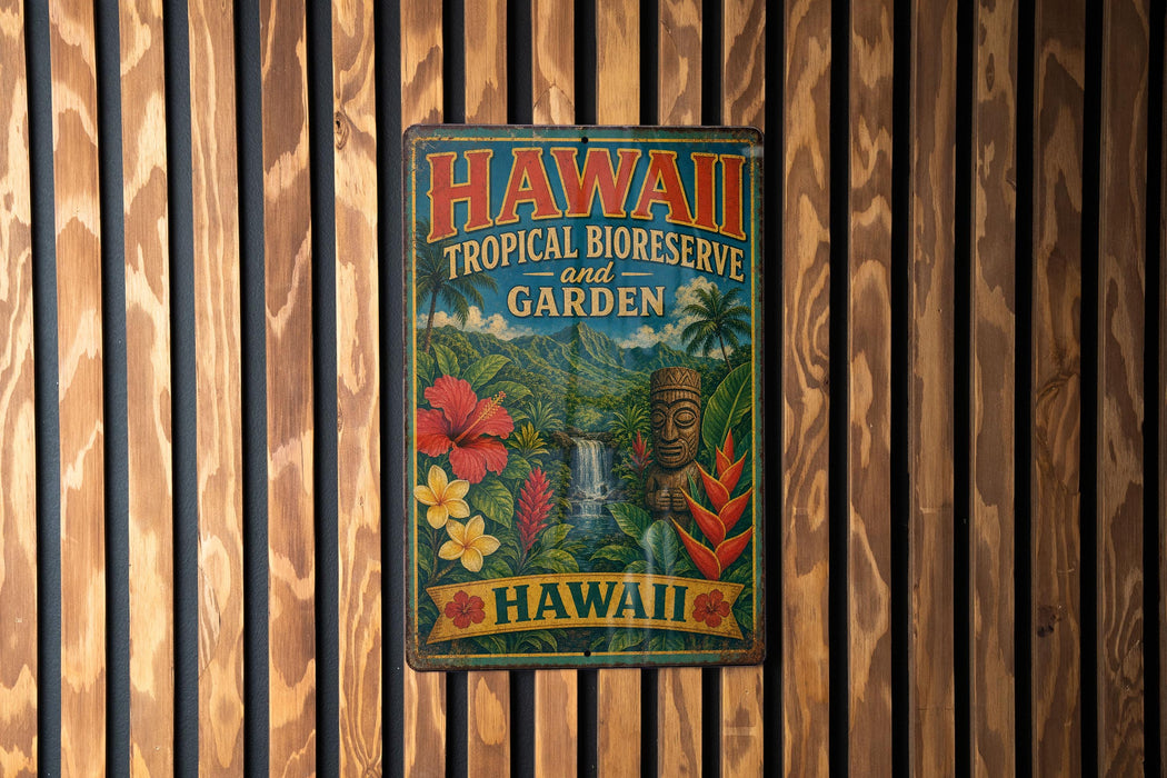 A vintage metal sign with the text "HAWAII TROPICAL BIOSERVE AND GARDEN" is displayed on a wooden wall.
