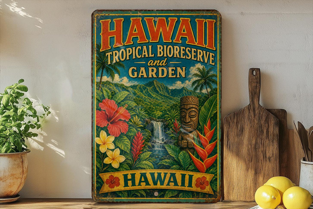 A vintage-style metal sign with the text "HAWAII TROPICAL BIOSERVE AND GARDEN" and a tropical landscape, including a waterfall and a tiki statue, is displayed on a shelf next to a wooden cutting board and a potted plant.