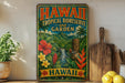 A vintage-style metal sign with the text "HAWAII TROPICAL BIOSERVE AND GARDEN" and a tropical landscape, including a waterfall and a tiki statue, is displayed on a shelf next to a wooden cutting board and a potted plant.