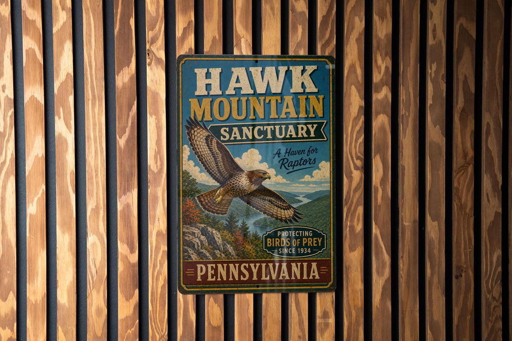 A vintage-style metal sign for the Hawk Mountain Sanctuary in Pennsylvania, featuring an illustration of a hawk in flight.