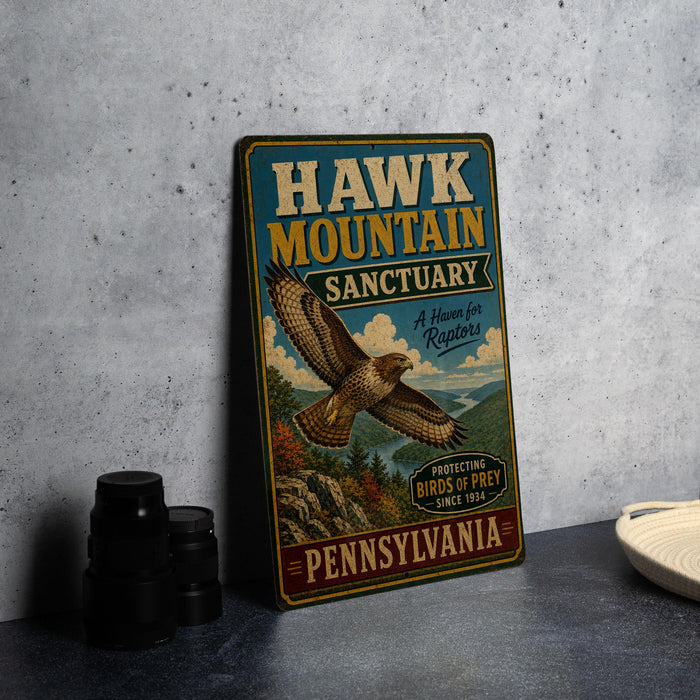 A vintage-style metal sign for the Hawk Mountain Sanctuary, featuring an illustration of a hawk in flight and text promoting the sanctuary as a home for raptors.