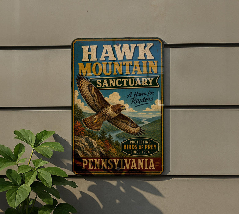 A vintage-style metal sign for the Hawk Mountain Sanctuary in Pennsylvania, featuring an illustration of a hawk in flight and text promoting the sanctuary as a haven for raptors.