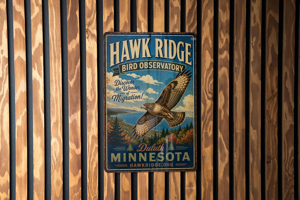A metal sign for Hawk Ridge Bird Observatory in Minnesota, featuring an illustration of a hawk in flight and text promoting the observatory's location and activities.
