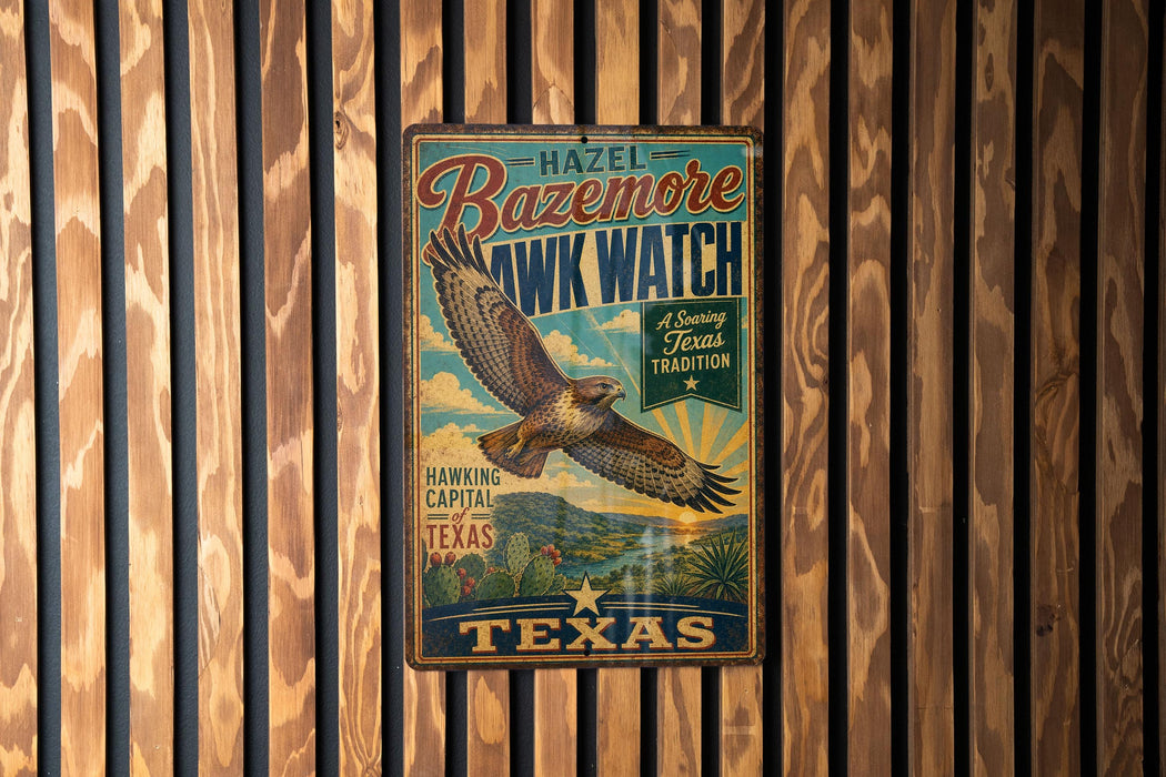 A vintage-style metal sign with a hawk illustration and text, hanging on a wooden wall.
