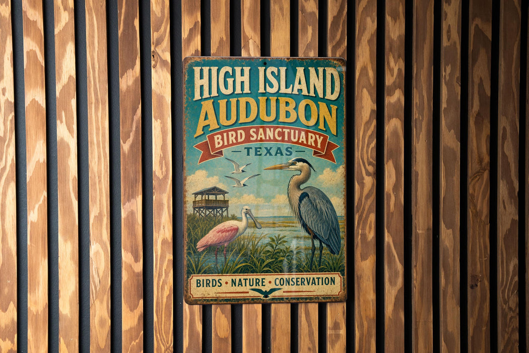 A vintage-style metal sign for the High Island Audubon Bird Sanctuary in Texas, featuring illustrations of birds and a seagull.