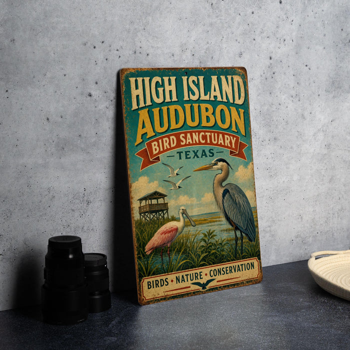 A vintage-style sign for the High Island Audubon Bird Sanctuary in Texas, featuring illustrations of birds and a scenic landscape.