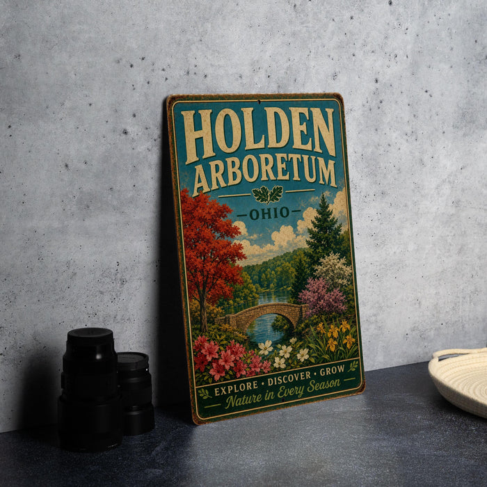 A vintage-style metal sign for the Holden Arboretum in Ohio, featuring a scenic landscape with a bridge and colorful trees.
