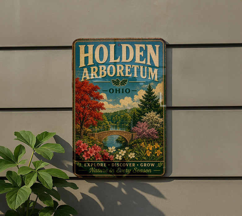 A vintage-style metal sign for the Holden Arboretum in Ohio, featuring a scenic landscape with trees, flowers, and a bridge.