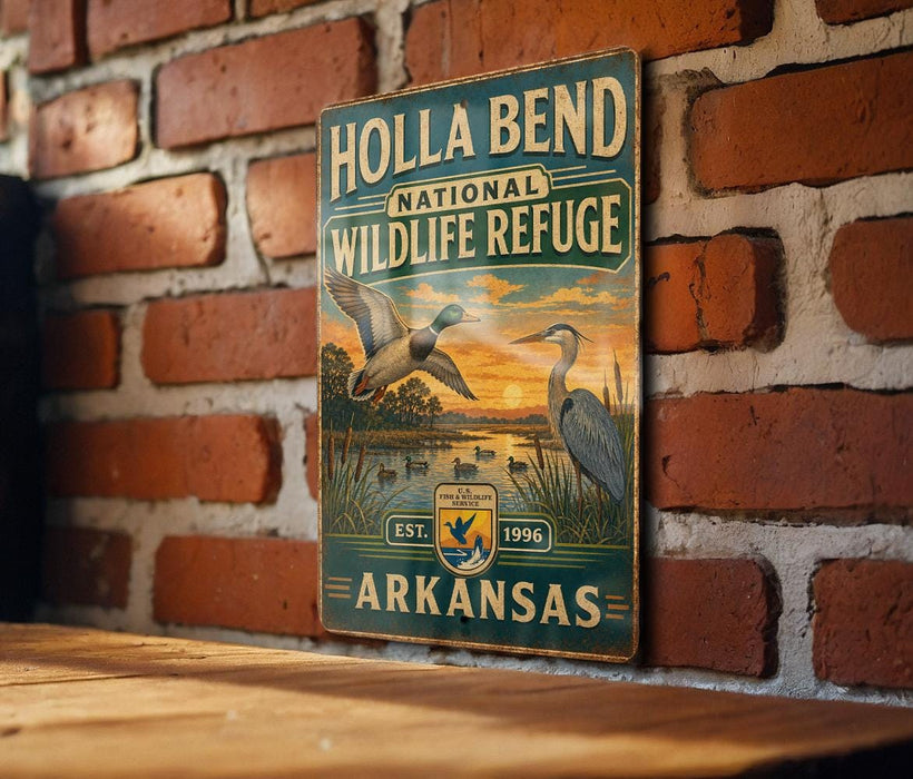 A vintage-style metal sign for Holla Bend National Wildlife Refuge in Arkansas, featuring an illustration of ducks and a sunset landscape.