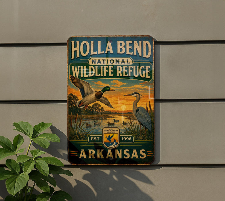 A vintage-style metal sign for Holla Bend National Wildlife Refuge in Arkansas, featuring an illustration of ducks and other wildlife against a sunset backdrop.