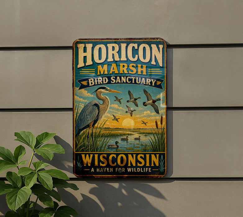 A vintage-style metal sign for the Horizon Marsh Bird Sanctuary in Wisconsin, featuring an illustration of a heron and ducks in flight against a sunset backdrop.