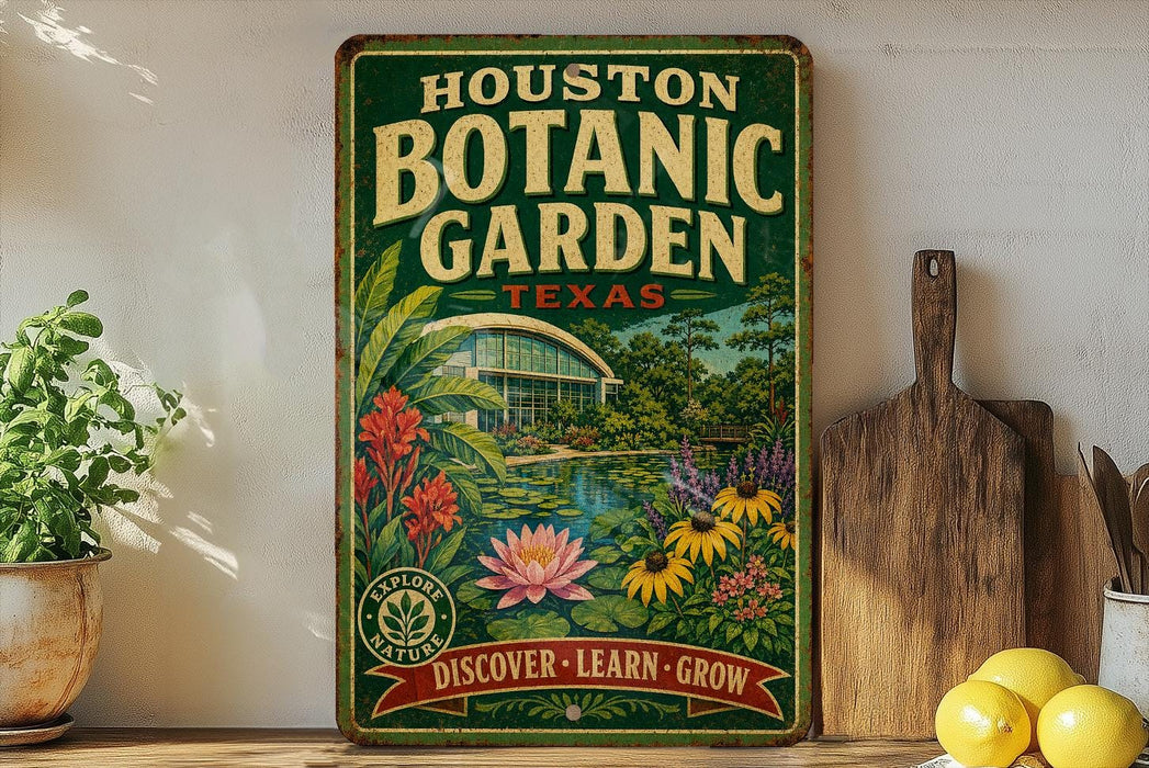 A vintage-style metal sign for the Houston Botanic Garden in Texas, featuring a lush garden scene with various plants and flowers.