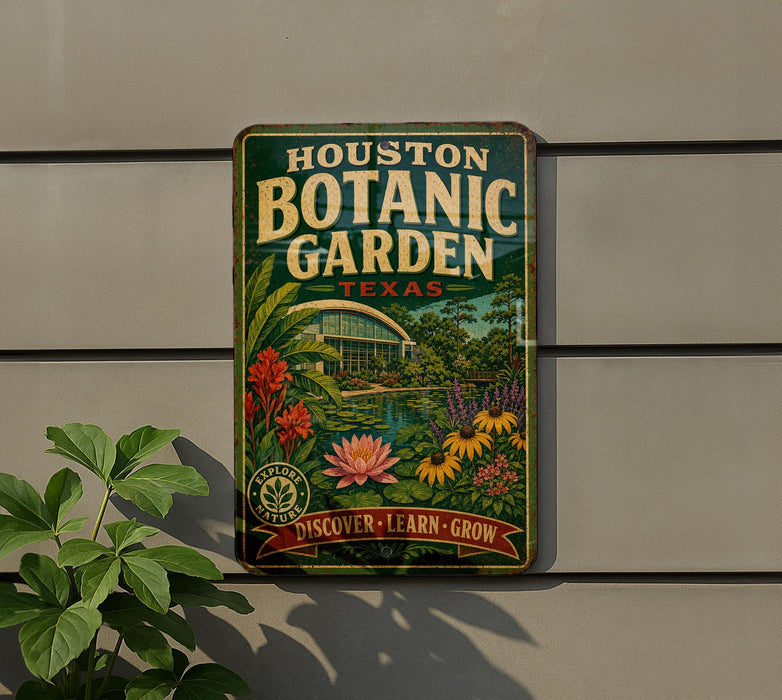 A vintage-style metal sign for the Houston Botanic Garden in Texas, featuring a lush garden scene with various plants and flowers.