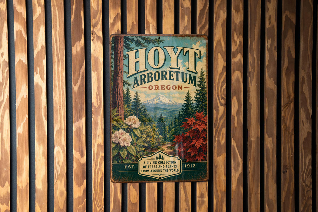 A vintage-style metal sign for the HOYT ARBORETUM, a living collection of trees from around the world, established in 1912.