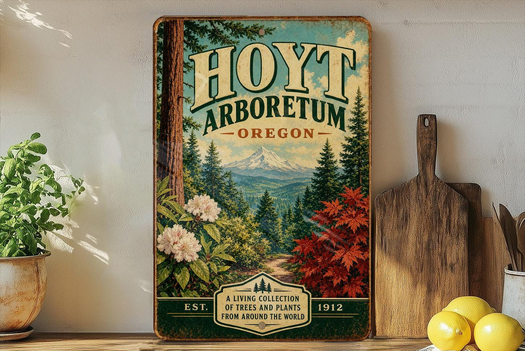 A vintage-style poster of the HOYT ARBORETUM, Oregon, featuring a scenic landscape with trees, flowers, and a mountain backdrop.
