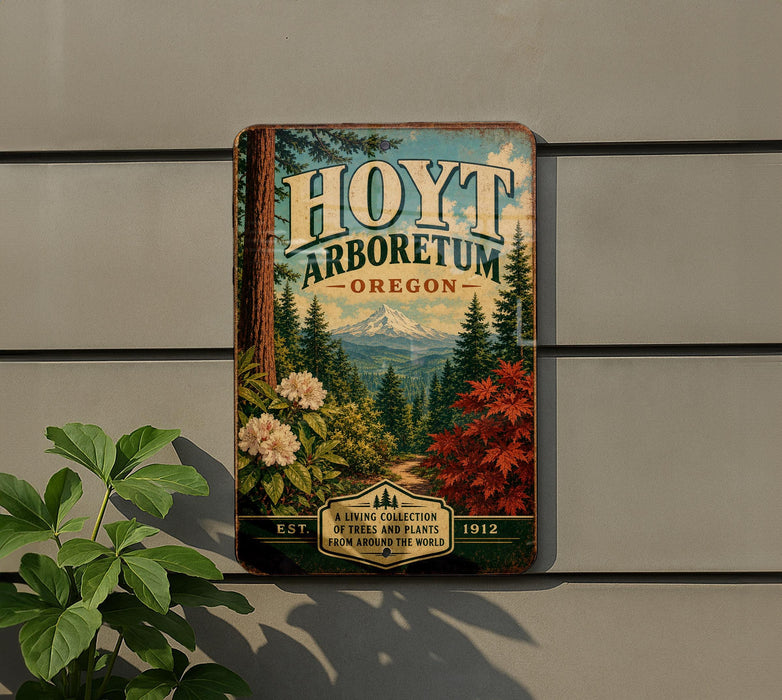 A vintage-style sign for the Hoott Arboretum in Oregon, featuring a scenic landscape with trees, flowers, and a mountain backdrop.