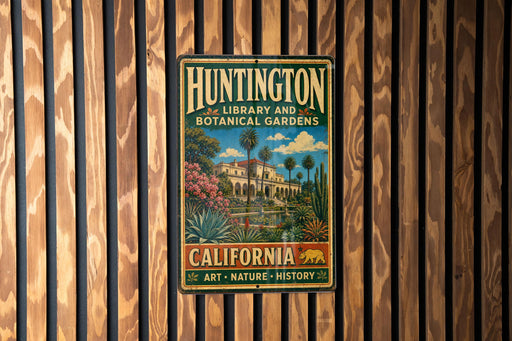 A vintage metal sign for Huntington Library and Botanical Gardens in California, featuring an illustration of a building surrounded by lush greenery and palm trees.