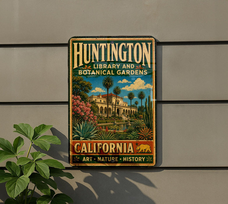 A vintage-style metal sign for Huntington Library and Botanical Gardens in California, featuring a colorful illustration of a building surrounded by lush greenery.