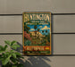 A vintage-style metal sign for Huntington Library and Botanical Gardens in California, featuring a colorful illustration of a building surrounded by lush greenery.