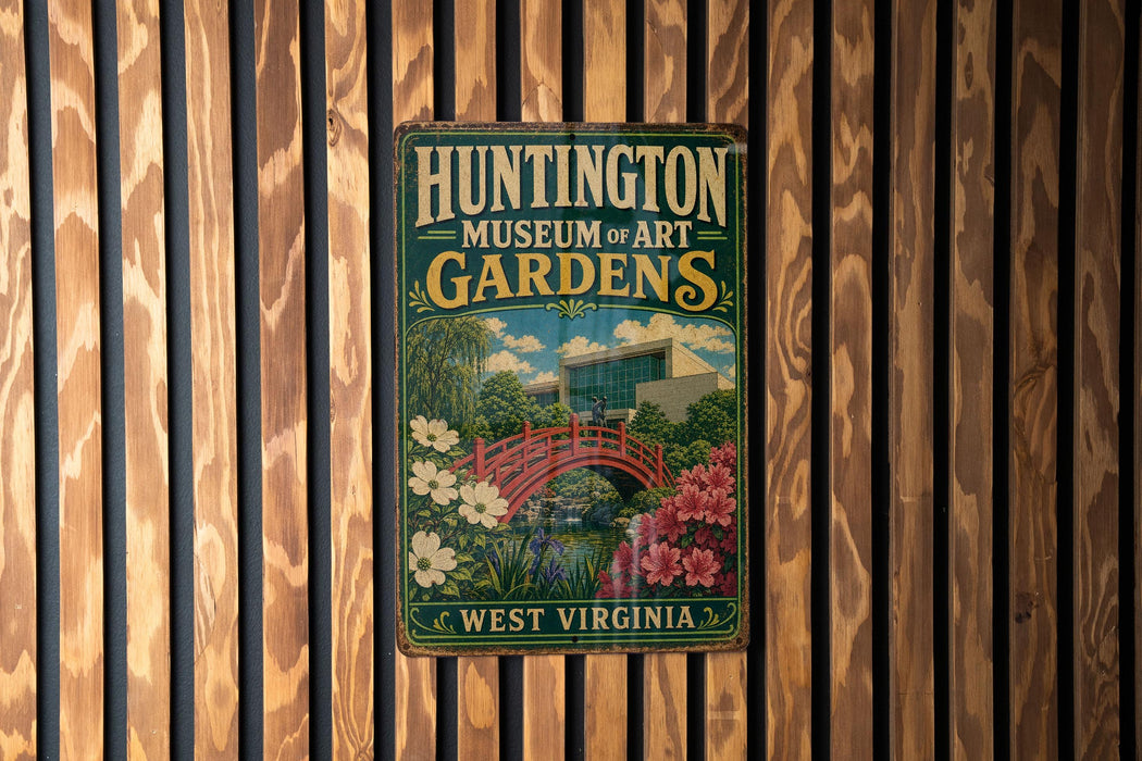 A vintage metal sign for the Huntington Museum of Art Gardens in West Virginia.