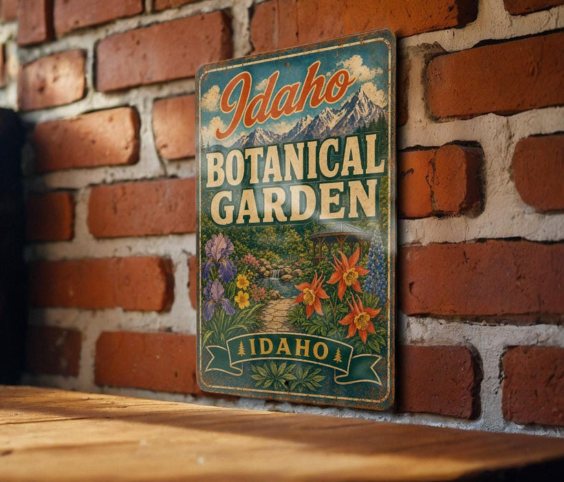 A vintage-style metal sign for the Idaho Botanical Garden is displayed on a brick wall.