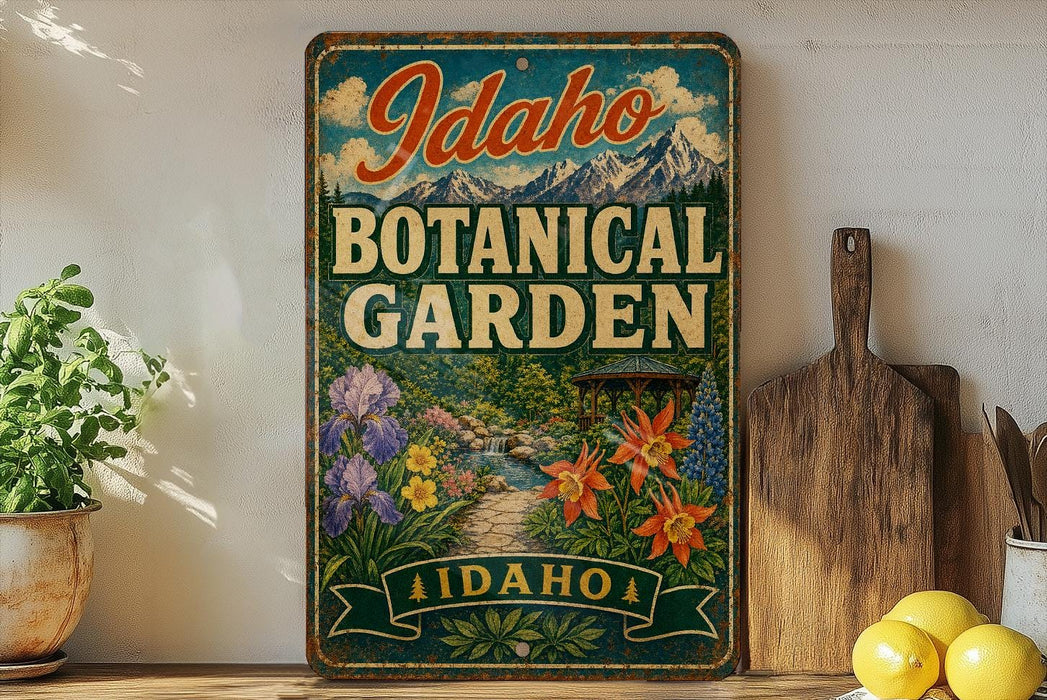 A vintage-style metal sign for the Idaho Botanical Garden, featuring a colorful illustration of flowers and a path leading through a lush garden.