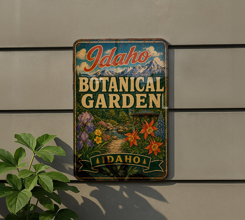 A vintage-style metal sign for Idaho Botanical Garden, featuring a colorful illustration of flowers and plants.