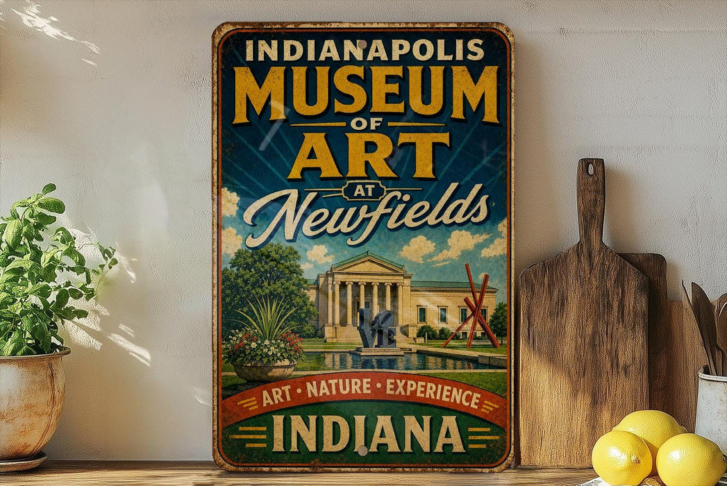 A vintage-style sign for the Indianapolis Museum of Art, featuring an illustration of the museum's exterior and a fountain, with the text "ART - NATURE - EXPERIENCE - INDIANAPOLIS" prominently displayed.