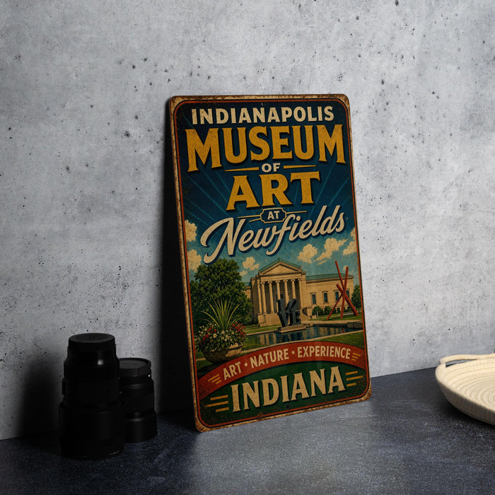 A vintage-style sign for the Indianapolis Museum of Art, featuring an illustration of the museum and its surroundings, is displayed on a gray concrete surface.