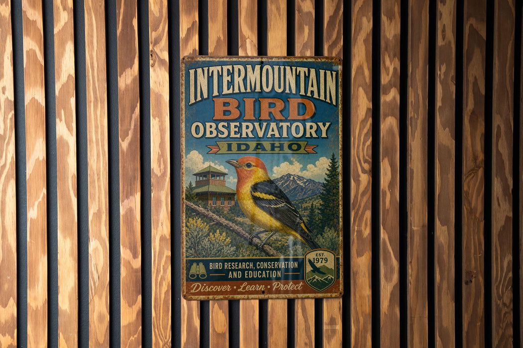 A vintage-style metal sign for the Intermountain Bird Observatory in Idaho, featuring a colorful illustration of a bird and text promoting bird research, conservation, and education.