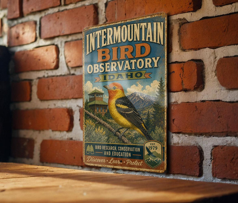 A vintage-style sign for the Intermountain Bird Observatory in Idaho, featuring a colorful illustration of a bird and the text "Intermountain Bird Observatory Idaho" on a brick wall.