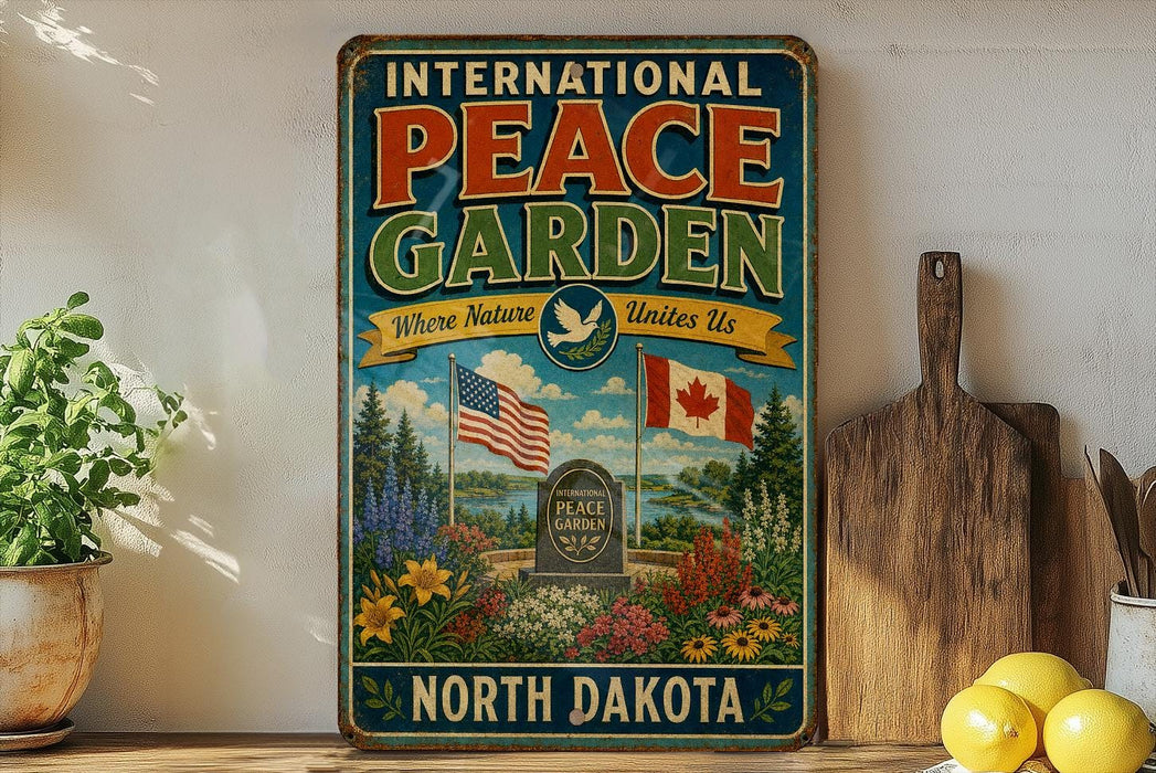 A vintage-style sign for the International Peace Garden in North Dakota, featuring an illustration of the garden with American and Canadian flags, surrounded by flowers and a peaceful landscape.