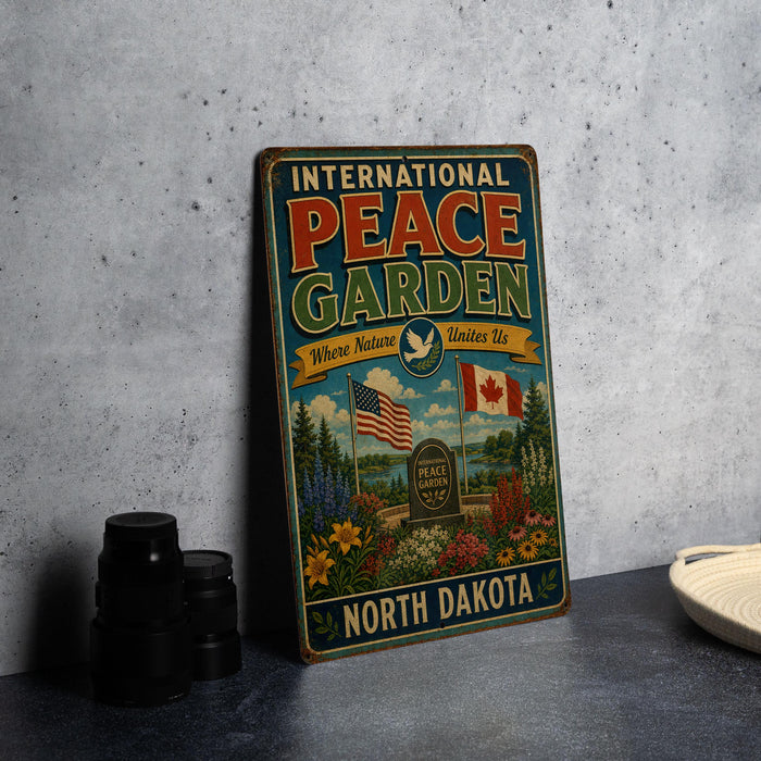 A vintage-style metal sign for the International Peace Garden in North Dakota, featuring an illustration of the garden and the American and Canadian flags.